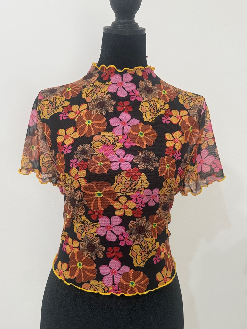 Floral Mesh Mock-Neck Tee in Black with Pink & Orange Flowers